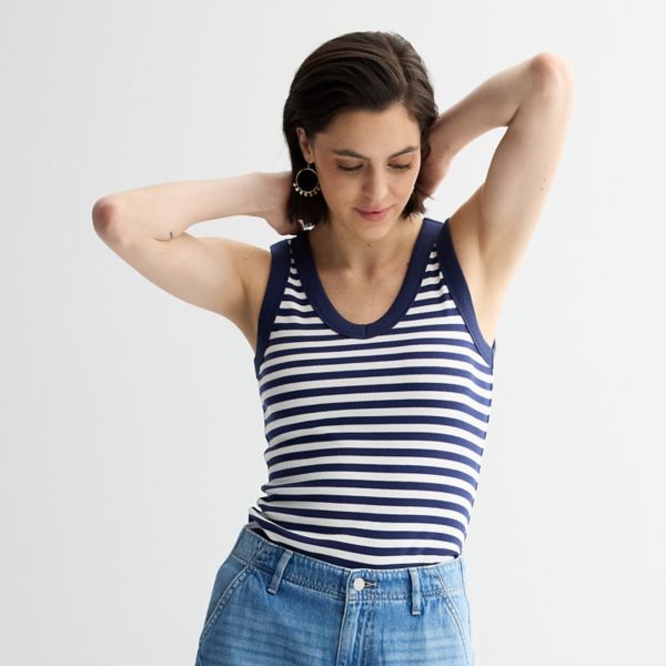 

Миниатюрный ребристый топ с V-образным вырезом Sonoma Goods For Life, цвет white navy stripe