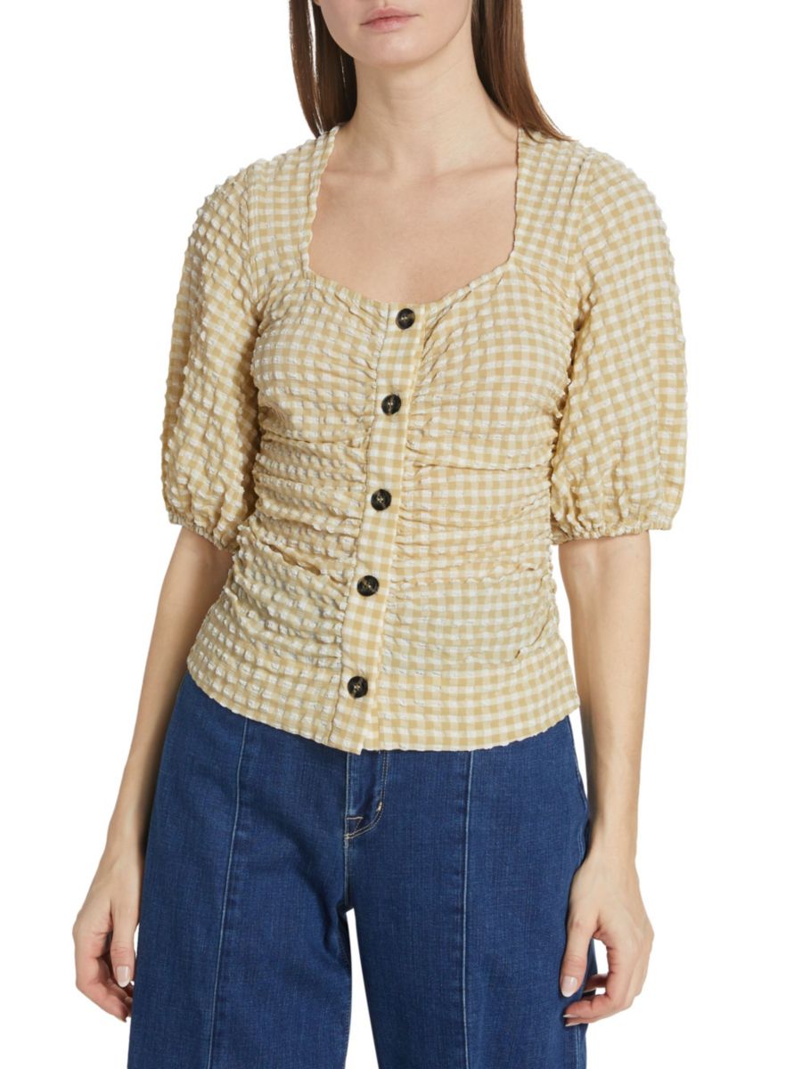 

Топ из сирсакера с рюшами Ganni, цвет Pale Khaki