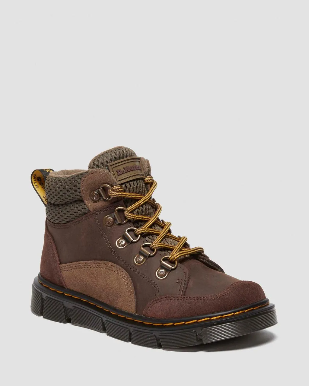 

Кожаные ботинки на шнуровке Dr. Martens Junior Raffe Panel, цвет Dark Brown+Khaki — Wyoming+Bronx Suede