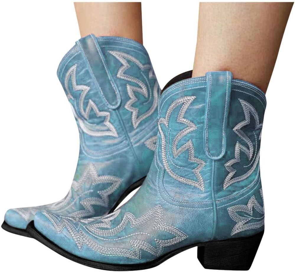 

Женские ковбойские ботинки Hbeylia Винтажная вышивка, заостренный носок, массивные средние каблуки, западные ковбойские ботинки, ретро, слипы, широкие ботинки до середины голени, для езды, ботильоны для рыцарей, синий