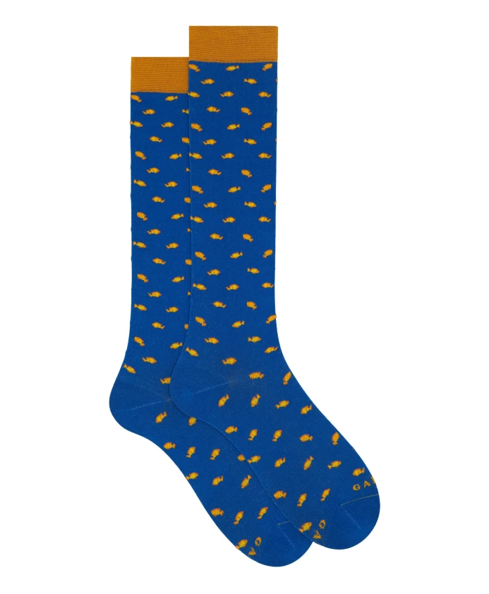 

Мужские длинные хлопковые носки с двухцветным рисунком в виде рыбок, светло-голубые. Gallo, мультиколор