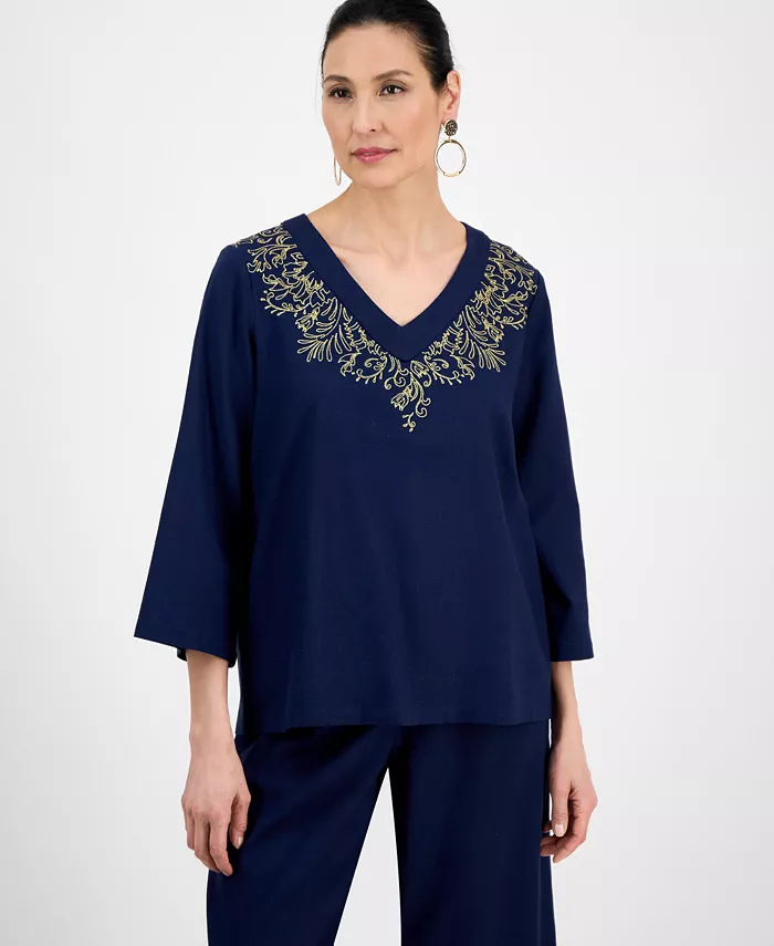 

Женский топ с V-образным вырезом и вышивкой из смесового льна JM Collection, синий