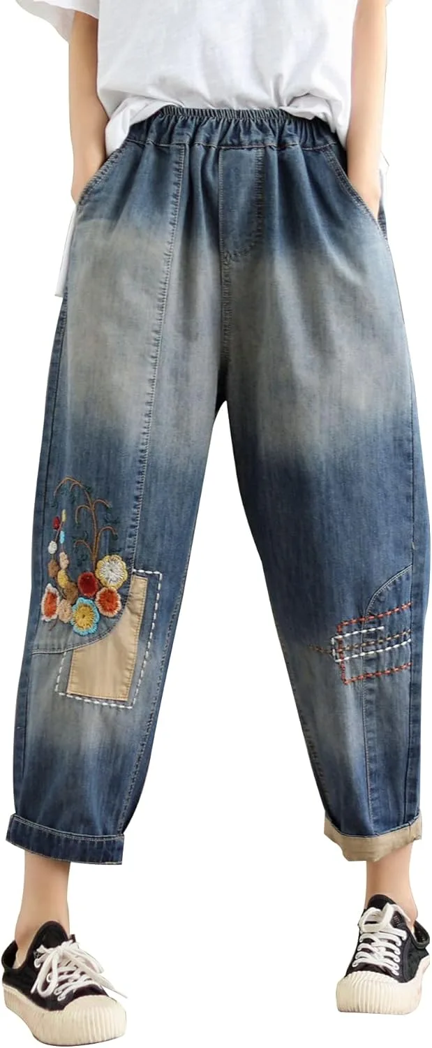 

Женские джинсы с цветочной вышивкой на резинке Aricaca