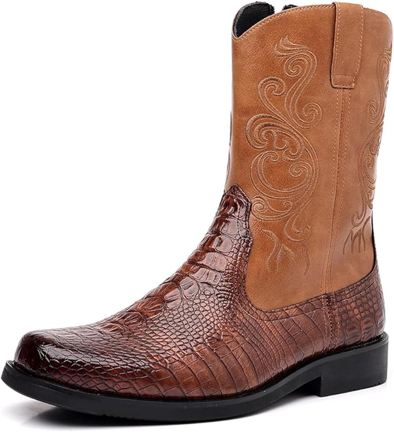 

Мужские сапоги Crocodile Western с боковой молнией, средней высоты, квадратный носок, кожа Xinduoyu, коричневый