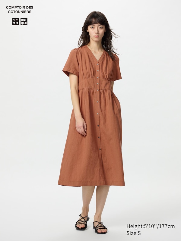 

Платье из льняной смеси с V-образным вырезом (короткий рукав) Uniqlo, оранжевый