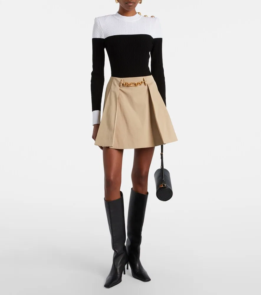 Мини-юбка из плиссированного хлопкового габардина Balmain, бежевый — фото 2