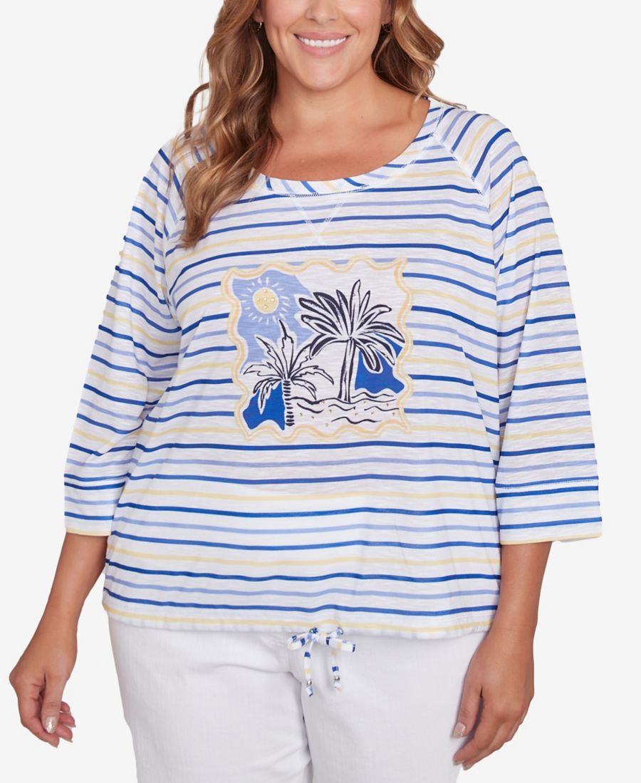 

Топ больших размеров Making Waves Beach Scene с завязками и рукавами 3/4 HEARTS OF PALM, Canary Multi