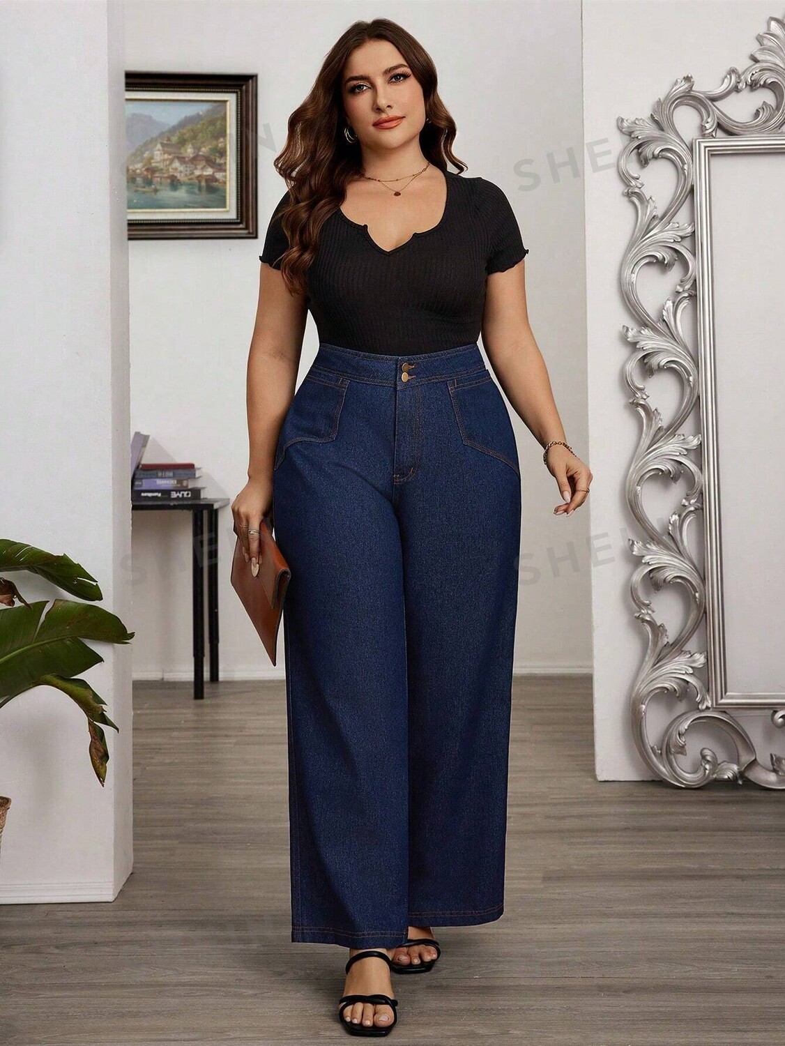 

LUNE Широкие джинсы с высокой талией для повседневной носки Shein, тёмно-синий