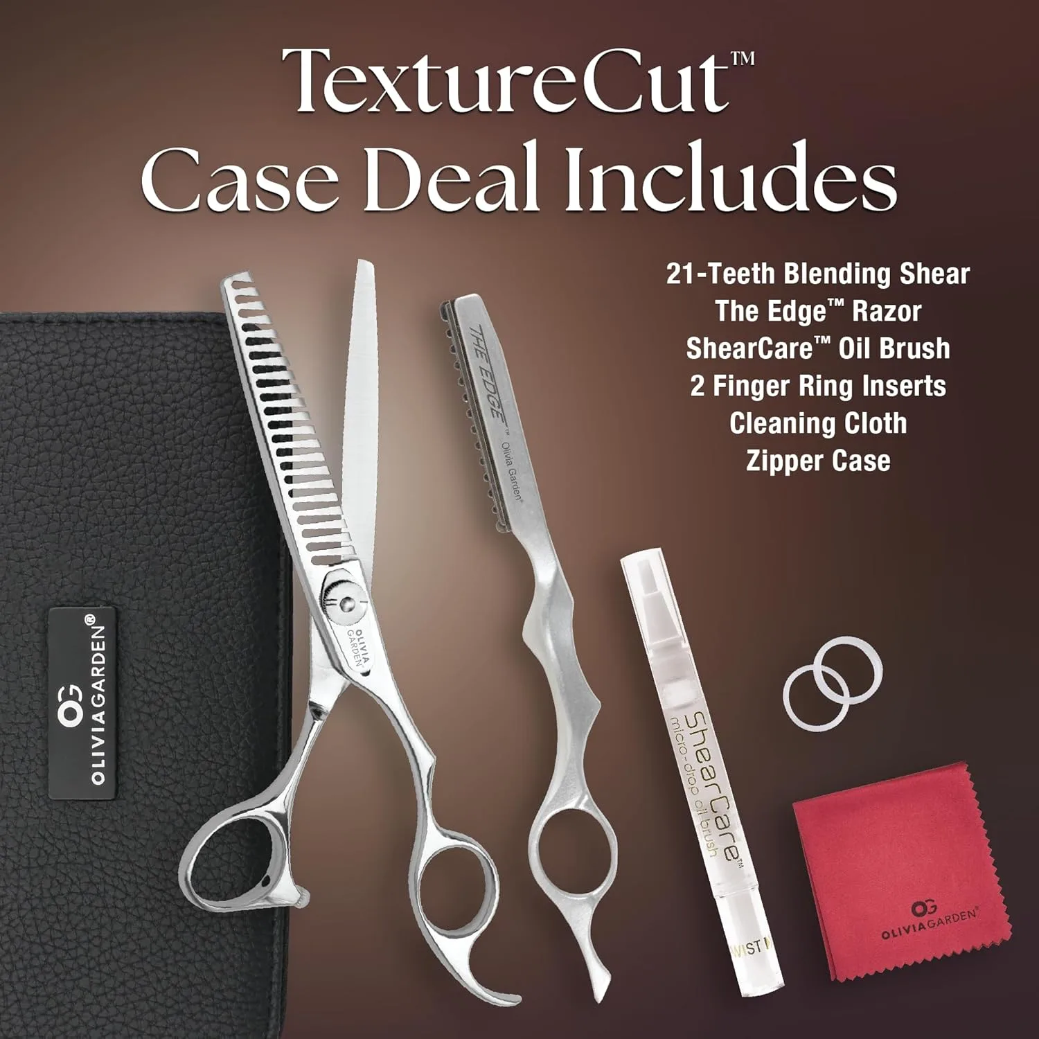 Olivia Garden TextureCut Professional Hairdressing Thinner Intro Case Набор 21 зубца: TC-21B, бритва RZ-E — фото 2