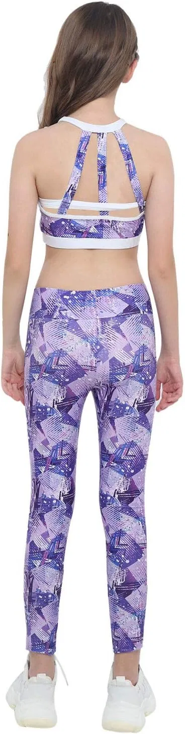 Спортивный комплект для девочек, танцевальный топ и леггинсы, Hansber, Purple Geometric Pat — фото 3