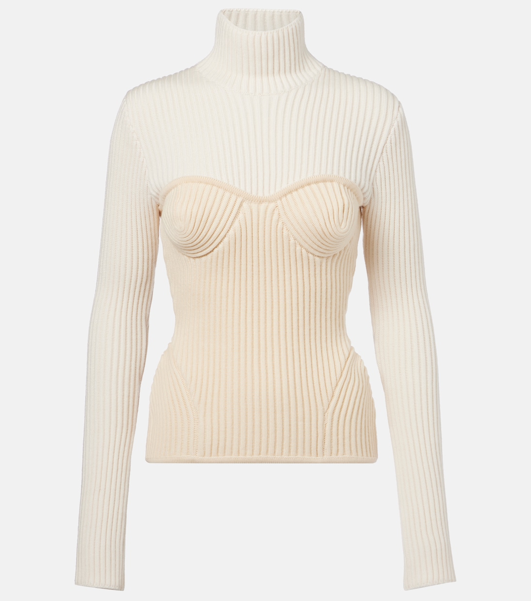 

Вязаный свитер с воротником-стойкой из шерсти с рубчиками Jean Paul Gaultier, White/Ecru
