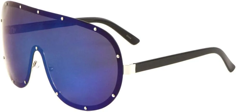 

Поляризованные цветные зеркальные солнцезащитные очки с заклепками, оправой, круглыми увеличенными цельными линзами-щитками POL-M10587-CM Sunglasses Luxe, Blue Silver