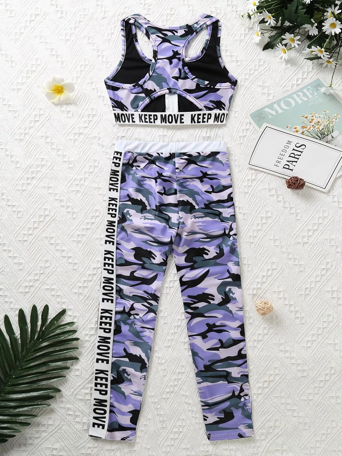 Спортивный костюм для девочек из топа и леггинсов Moggemol, Zipper-purple-camo — фото 4