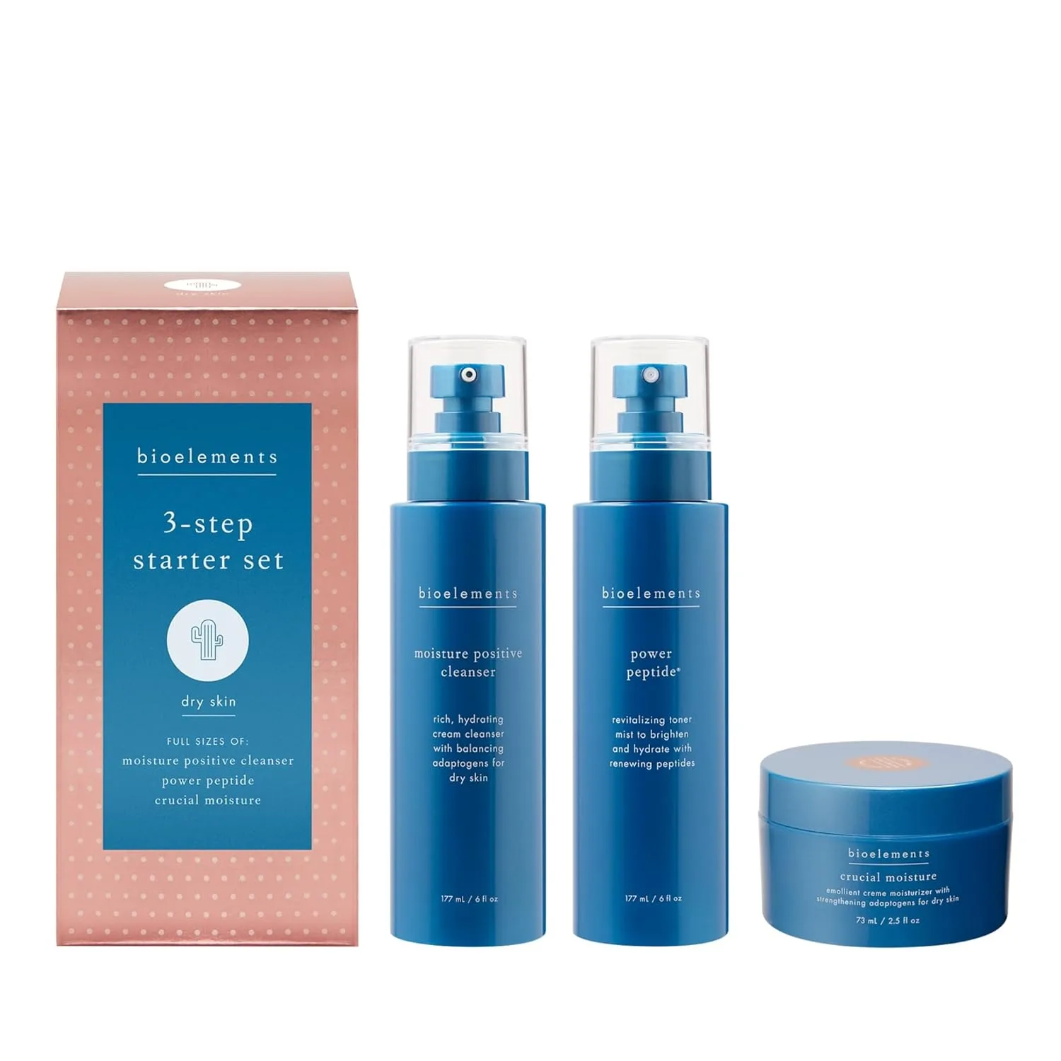 Bioelements 3-Step Starter Set для сухой кожи: очищающее средство Moisture Positive, тонер Power Peptide и увлажняющий крем Crucial Moisture - веганский, без глютена, не тестировалось на животных