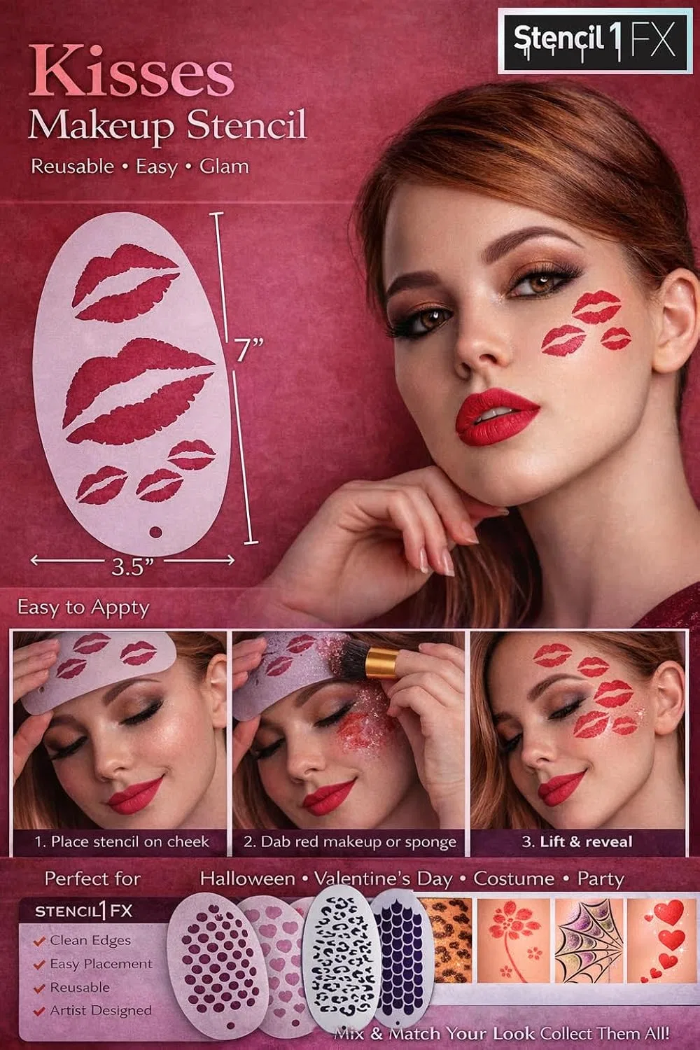 Трафарет для макияжа Kisses Stencil1FX, 3.5x7 дюймов