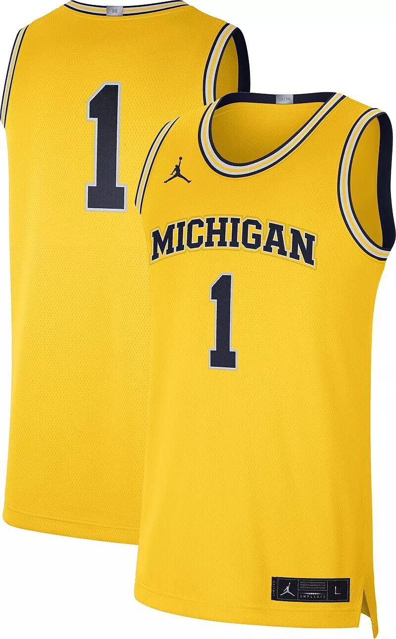 

Мужская баскетбольная майка Nike Michigan Wolverines #1 желтого цвета Dri-FIT Limited