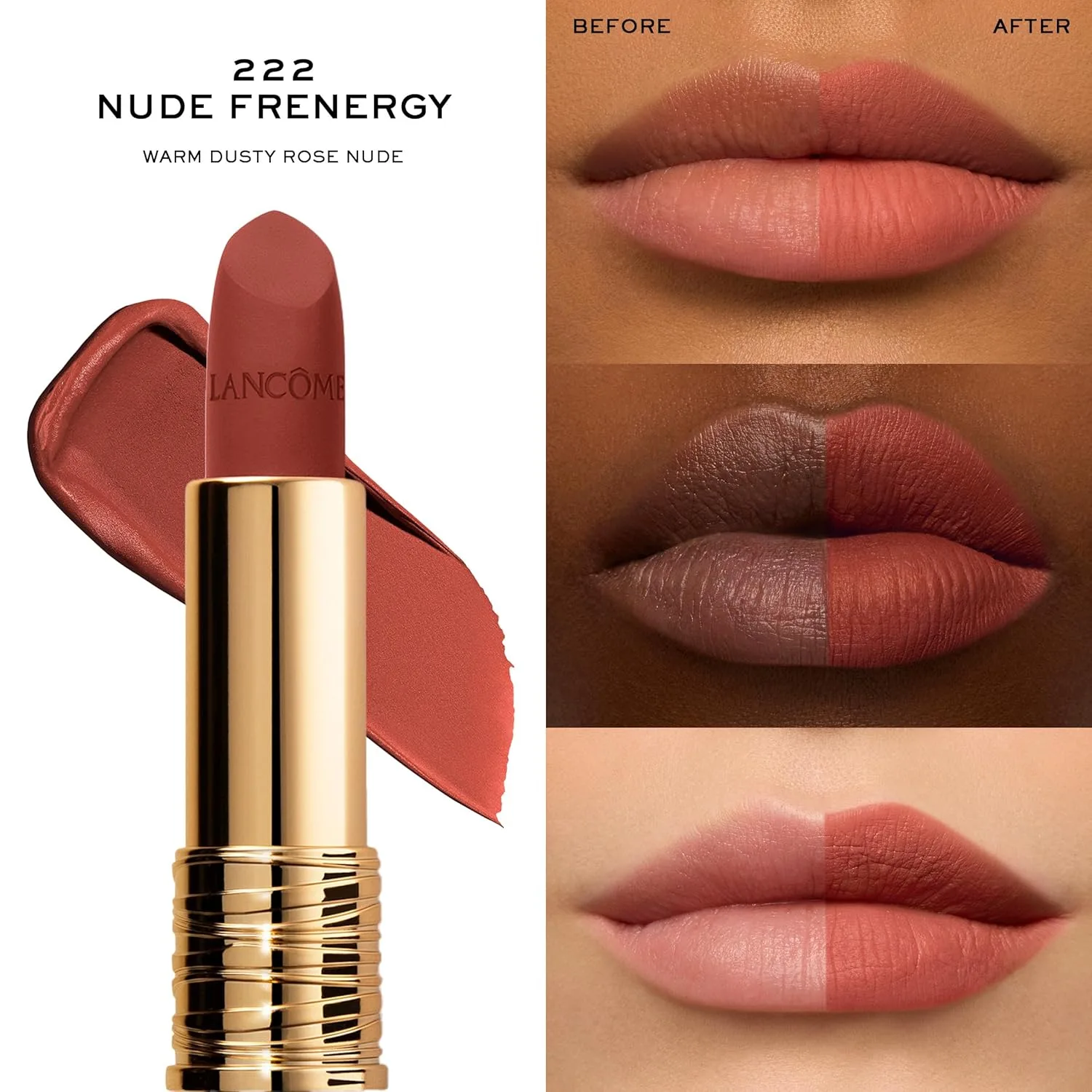 Матовая помада Lancôme L'Absolu Rouge Drama, ультраматовое покрытие, 8-часовое покрытие, керамиды, гиалуроновая кислота, экстракт розы для увлажнения и комфорта, стойкая к размазыванию., 222 Nude Frenergy — фото 3