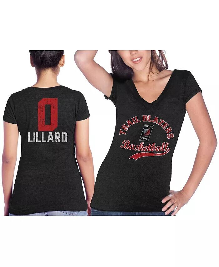 

Женские нитки Damian Lillard Black Portland Trail Blazers Футболка Tri-Blend с v-образным вырезом имени и номера Majestic