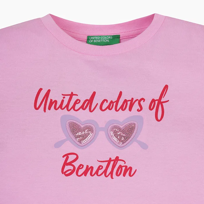 Детская футболка с блестящими акцентами розовая от Benetton Kids — фото 3