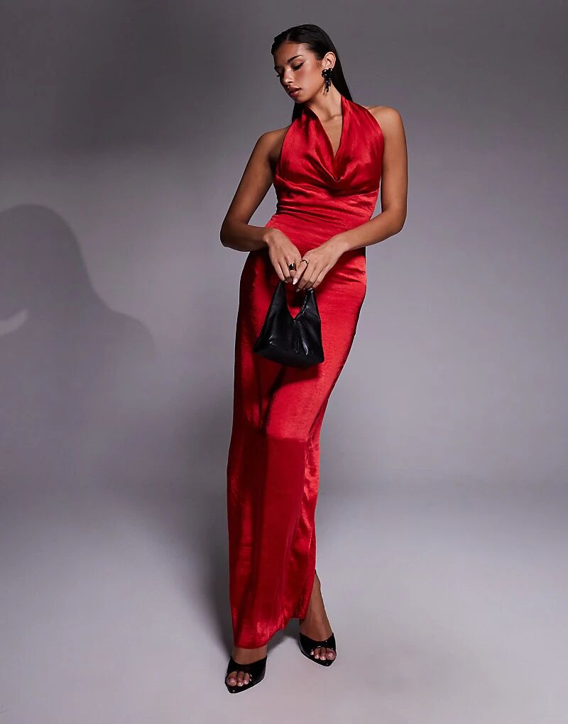 

Платье макси из атласа Vesper с вырезом-хомутиком и открытой спиной красного цвета
