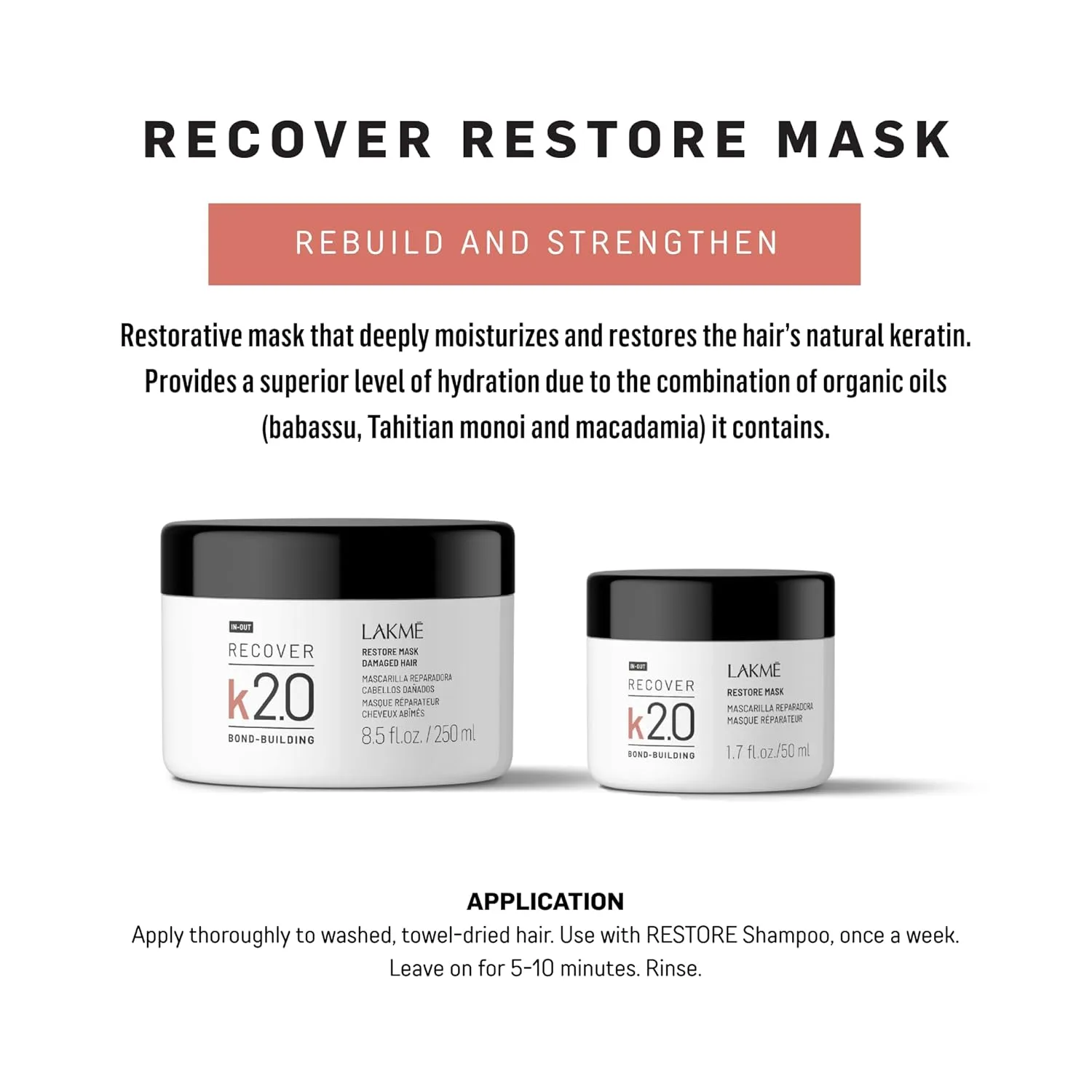 Восстанавливающая маска Lakmé K2.0 Recover Restore Mask, глубоко увлажняющая маска для поврежденных волос, укрепляет и защищает волокна, восстанавливает повреждения и кератин, 240 мл. — фото 2