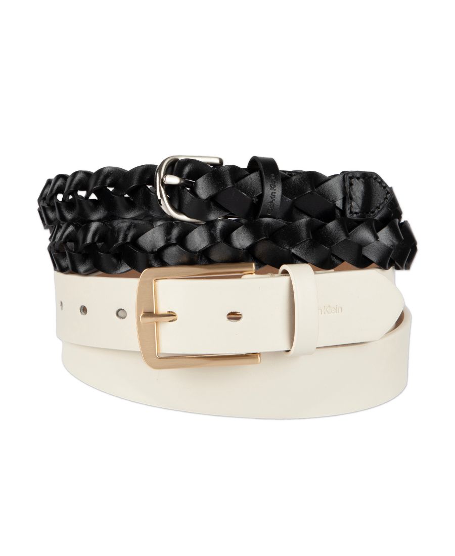 

Женский комплект из двух предметов: тонкий плетеный пояс и ремень с пряжкой Calvin Klein, Bone/Black