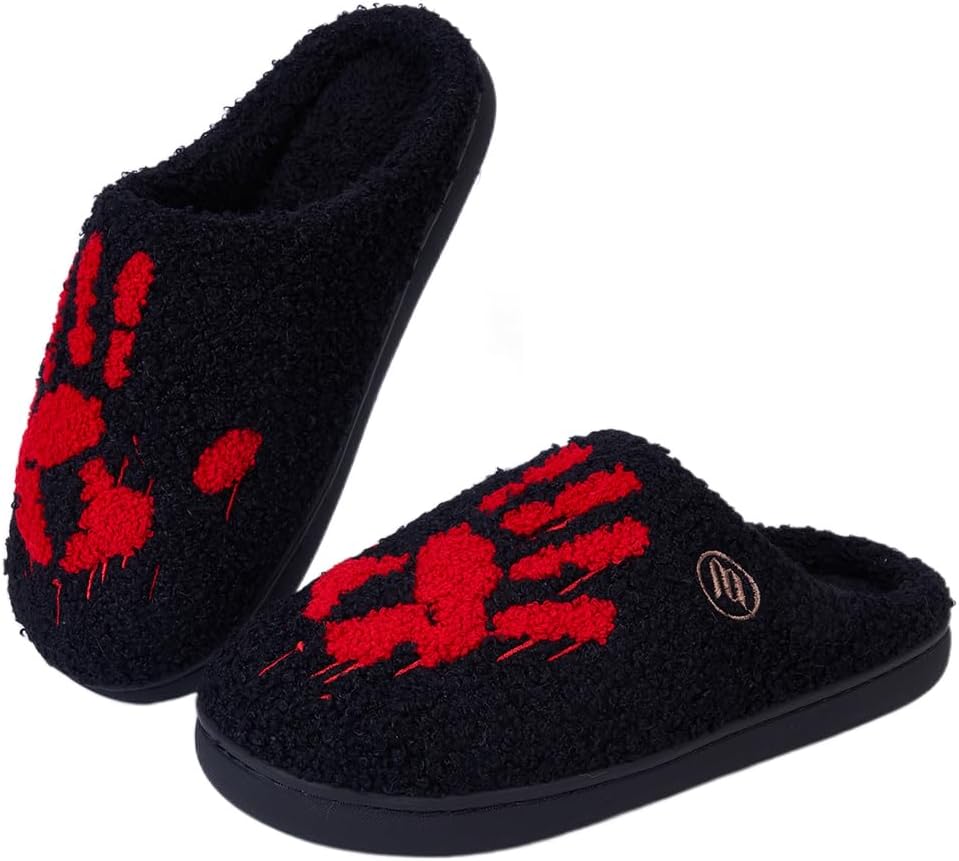 

Домашние тапочки HiGropcore на Хэллоуин для женщин и мужчин, милые и жуткие осенние тапочки, уютные плюшевые теплые тапочки для дома, для улицы и дома, красный