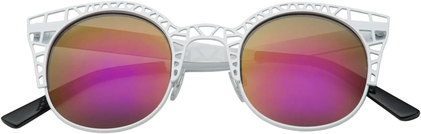 

Женские модные солнцезащитные очки grinderPUNCH в круглой оправе с металлическим вырезом и ажурной структурой, модель «кошачий глаз», White - Fire Mirror