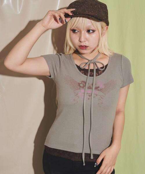 

Футболка обтягивающая многослойная со шнуровкой и чокером DISPARK, светло-коричневый