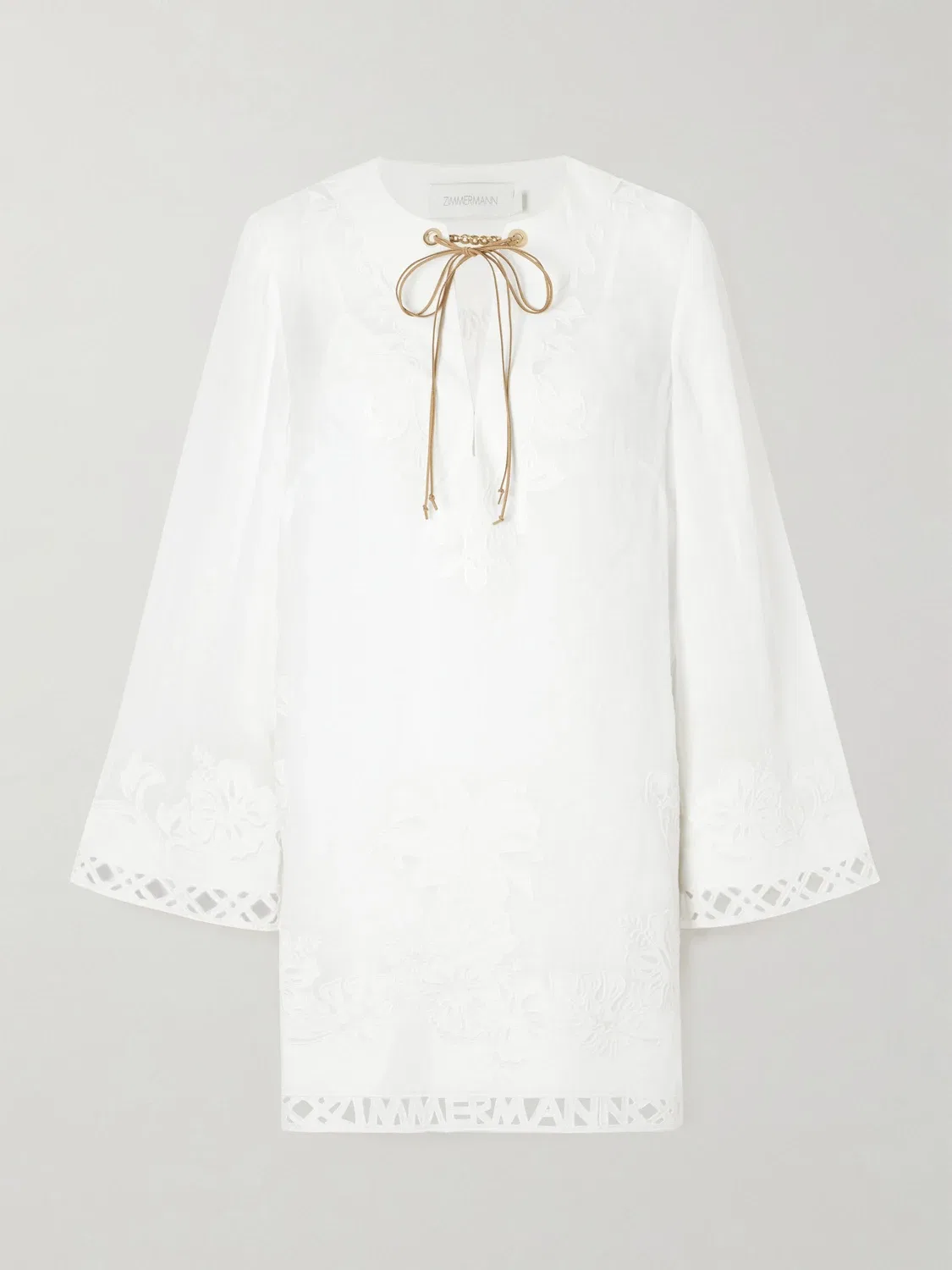 Мини-платье из рами Indra с вышивкой и поясом ZIMMERMANN, белый
