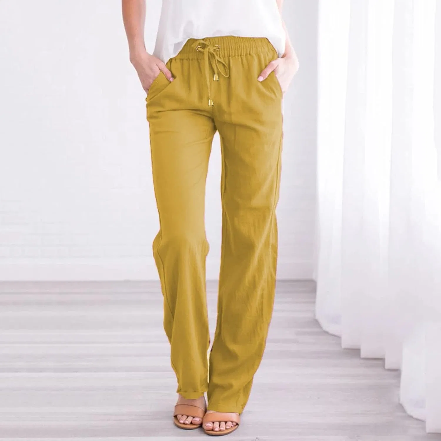 Женские брюки из льна, прямой крой, свободные, на завязках, с карманами, Generic, Yellow
