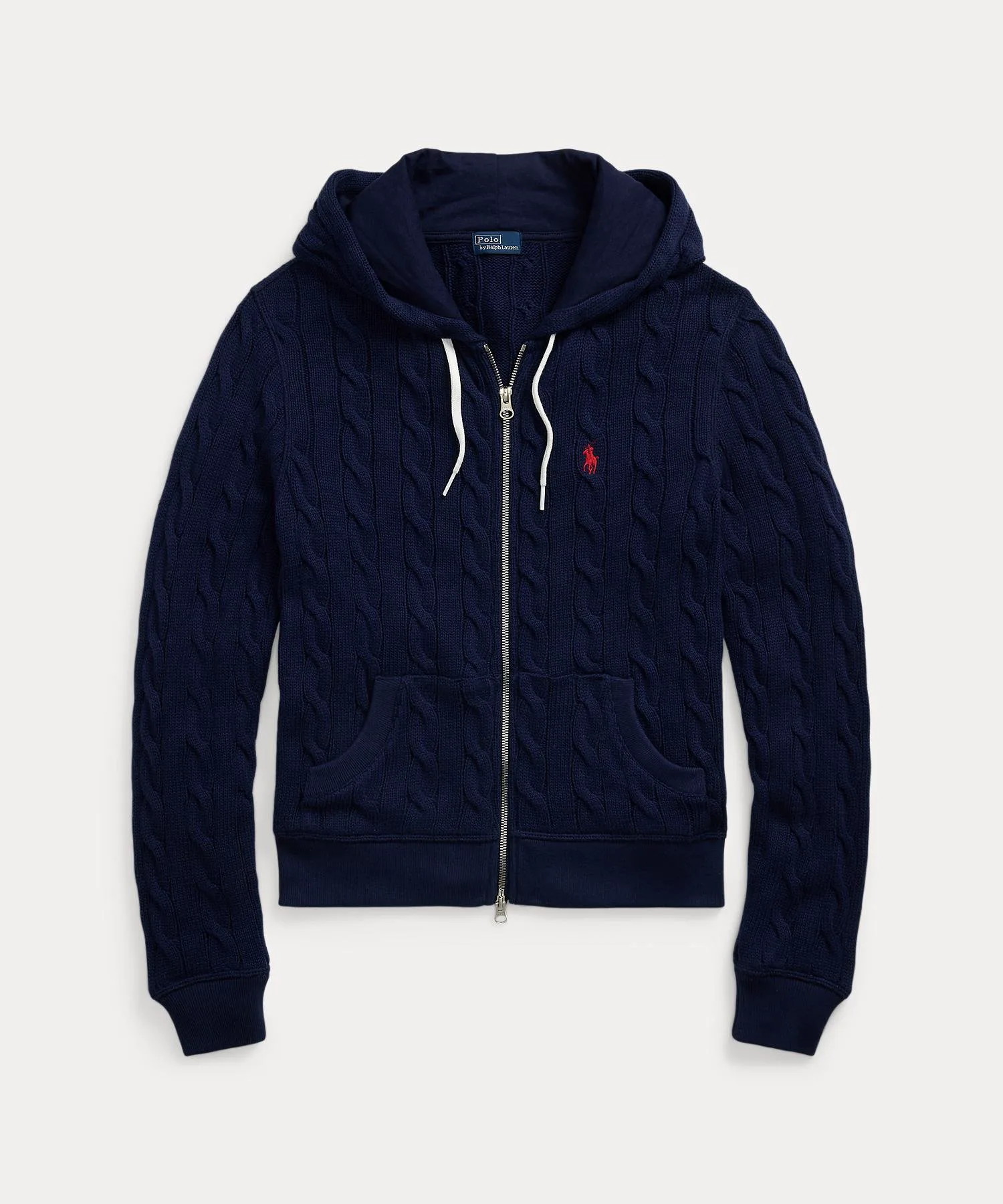 Хлопковая толстовка с капюшоном на молнии, связанная косами. Polo Ralph Lauren, 410 Navy