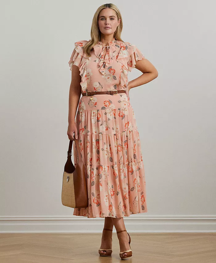 

Блузка с цветочным принтом и многоярусная юбка больших размеров Lauren Ralph Lauren, розовый