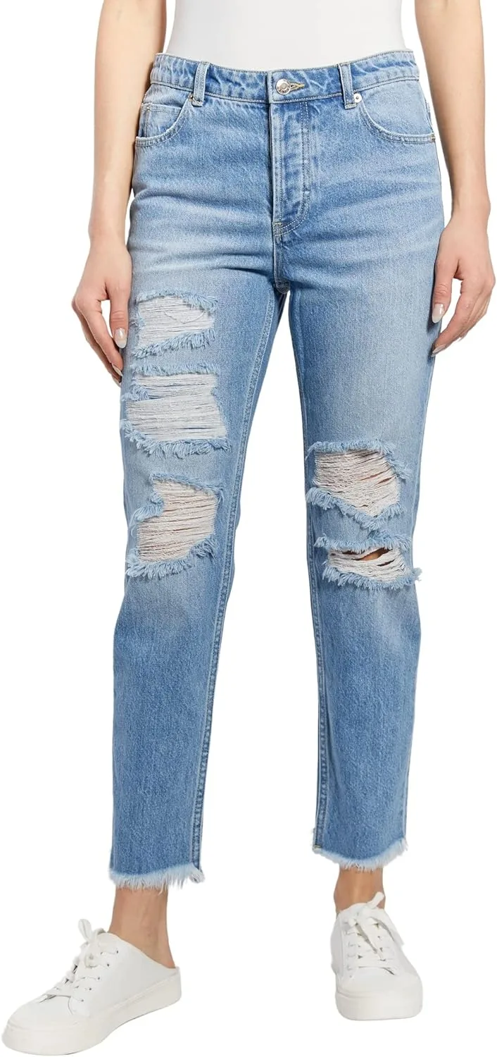 

O A T New York женские джинсы прямого кроя с высокой посадкой, с разрушением на коленях и пятью карманами