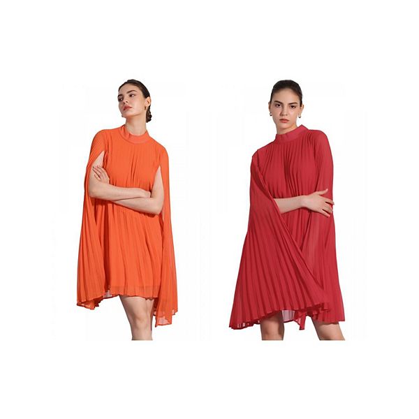 

2 упаковки платьев шифон для женщин с расклешенными рукавами-накидкой и плиссировкой Allegra K, Orange Red