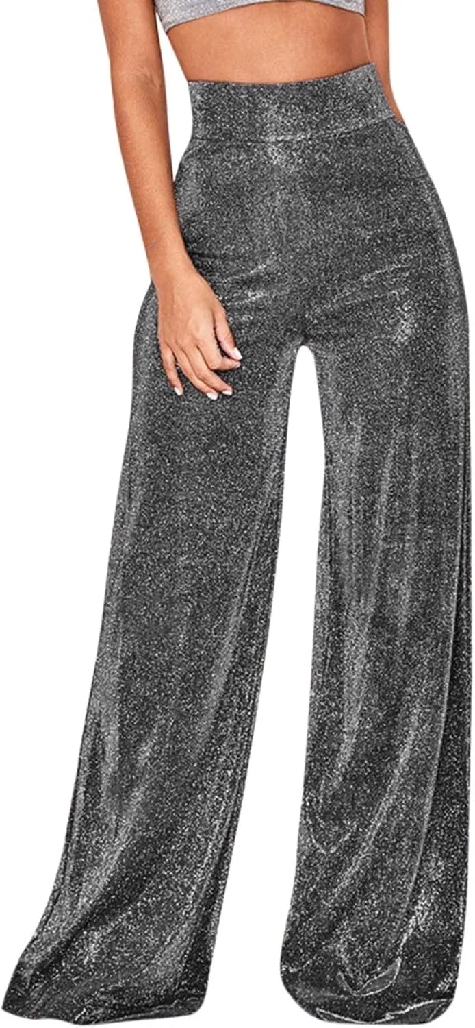 Женские широкие брюки Casual, высокая посадка, эластичные палаццо с блеском, расклешенные для клуба Generic, бронзовый