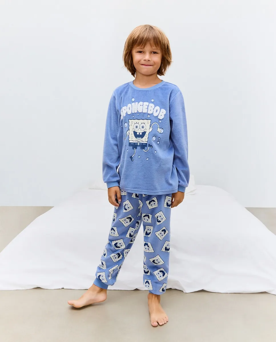 

Детская полностью длинная пижама из велюра с рисунком Боба Скуэндж-пан Cotton Juice, темно-синий