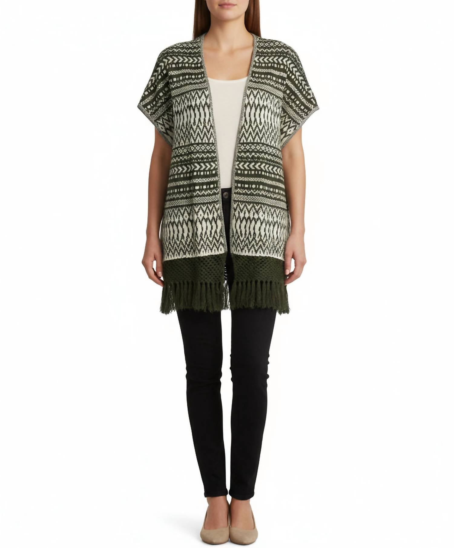 

Открытое пончо с этническим узором и бахромой зеленого цвета Skies Are Blue, зеленый