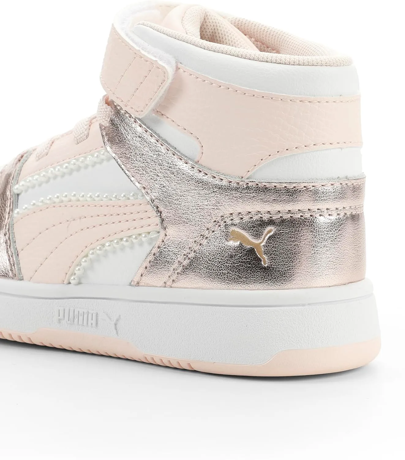 Кроссовки PUMA для детей Rebound Layup Mid на липучках, белый/золотой — фото 2