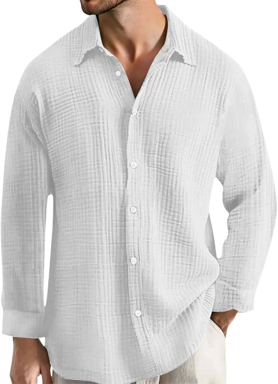 Мужская повседневная рубашка свободного кроя с плиссировкой и длинными рукавами для ежедневного ношения. Удобная мужская рубашка на каждый день Generic, белый