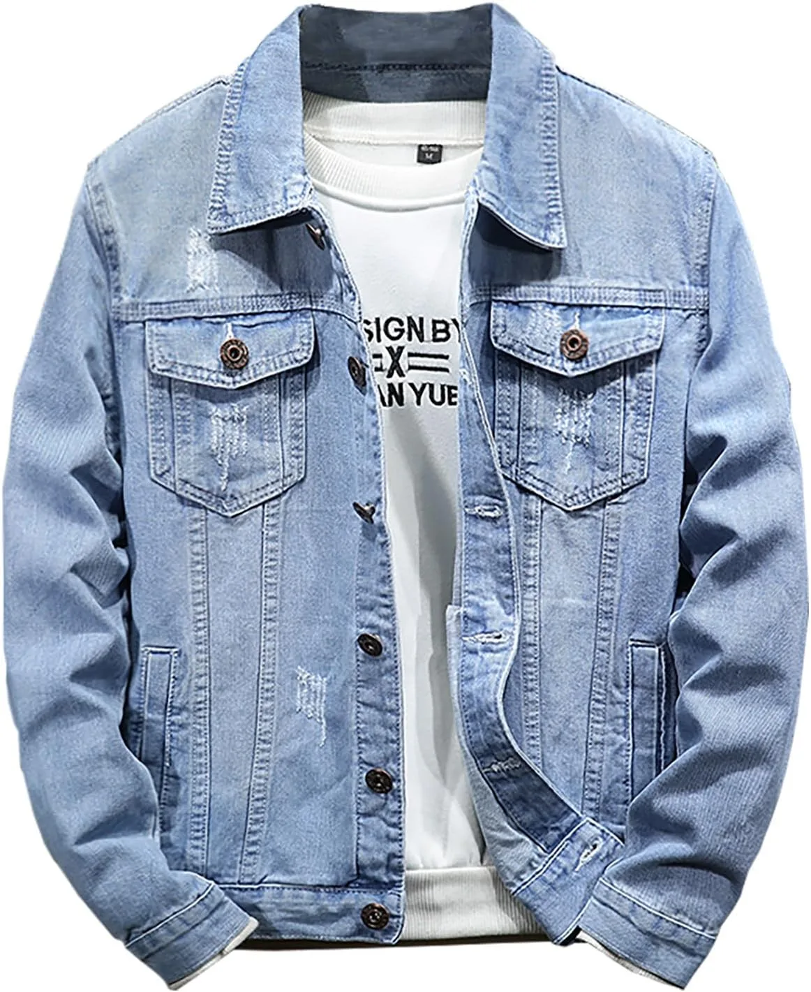 Мужская джинсовая куртка верхняя одежда slim fit классическая винтажная джинсовая куртка с длинным рукавом потертая destroyed джинсовый пиджак Generic, светло-голубой