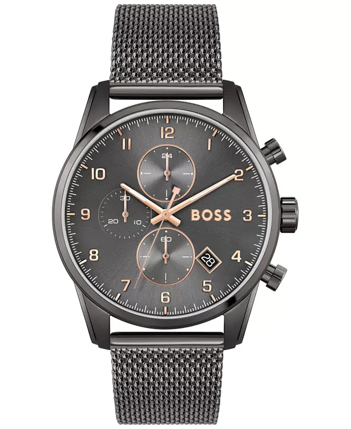 

Мужские часы Skymaster Chronograph, серые, с сетчатым браслетом из нержавеющей стали, 44 мм Hugo Boss