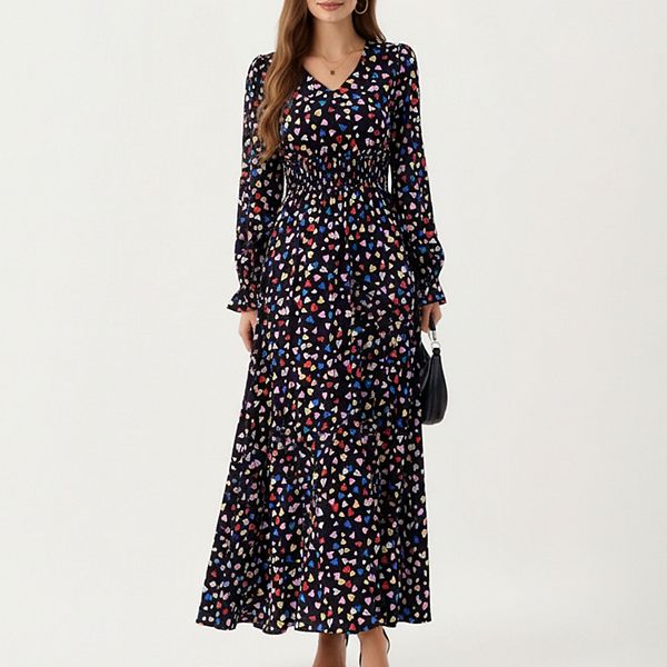 

Женское платье макси с длинным рукавом, цветочным принтом, v-образным вырезом и оборками на манжетах Anna-Kaci, Black