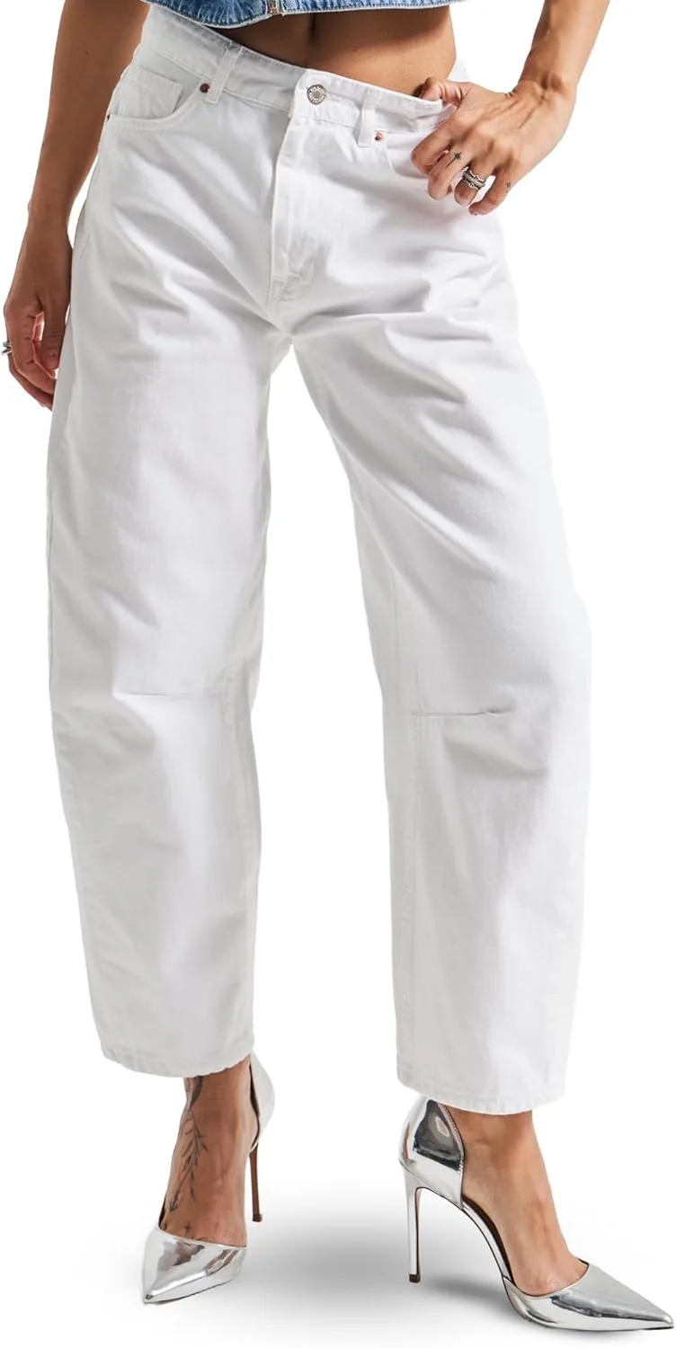 

Cropped barrel jeans women relaxed fit white denim mid rise wide leg IT'S BASIC