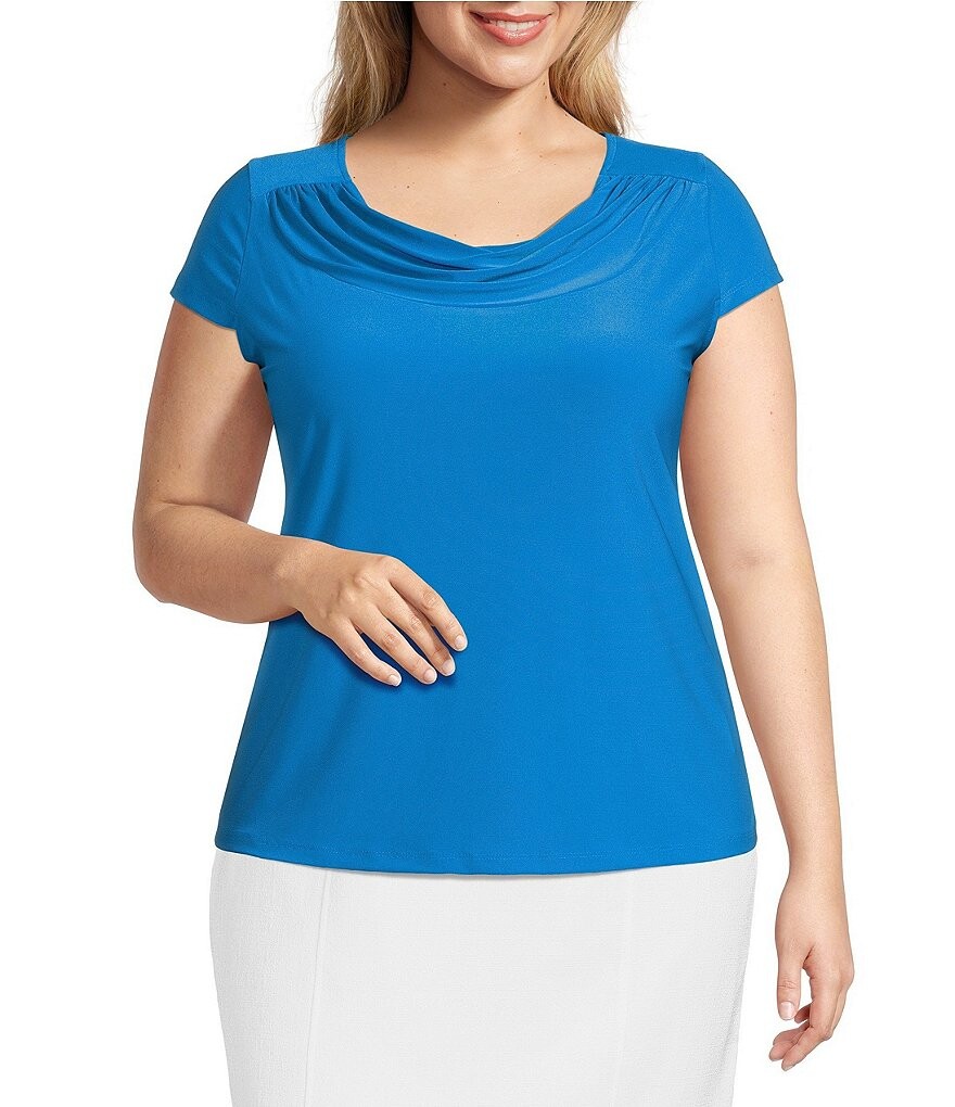 

Kasper Plus Size однотонный приталенный топ с драпированным вырезом и короткими рукавами, синий