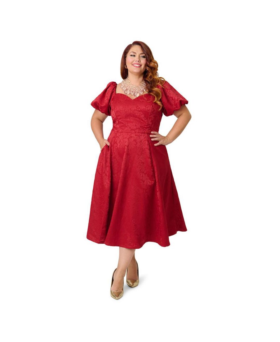 

Платье-трапеция с жаккардовым узором и вырезом сердечко больших размеров Unique Vintage, Burgundy