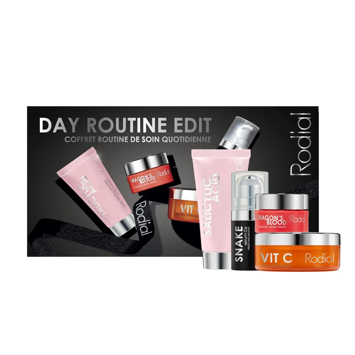 Rodial Day Routine Edit: четырехступенчатый уход за кожей в большом формате: салициловый очищающий гель 20 мл, салфетки с витамином C - 20 шт, сыворотка Snake 5 мл, крем Dragon’s Blood Velvet 15 мл