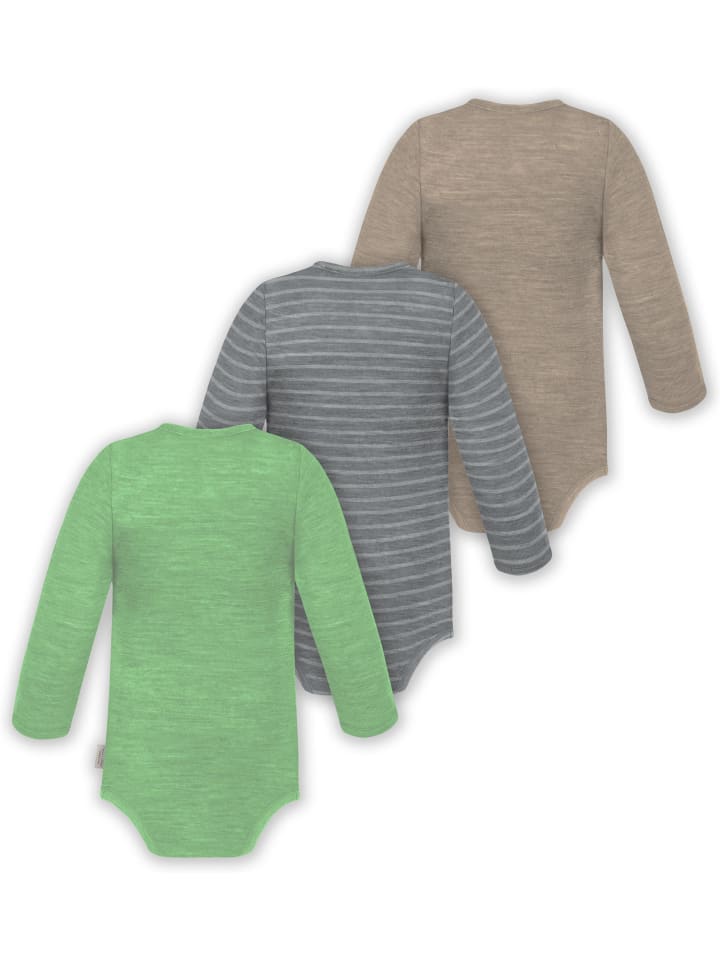 Normani Outdoor Sports Набор из 3 детских боди с длинными рукавами из мериносовой шерсти, бежевого, серого и зеленого цвета — фото 2