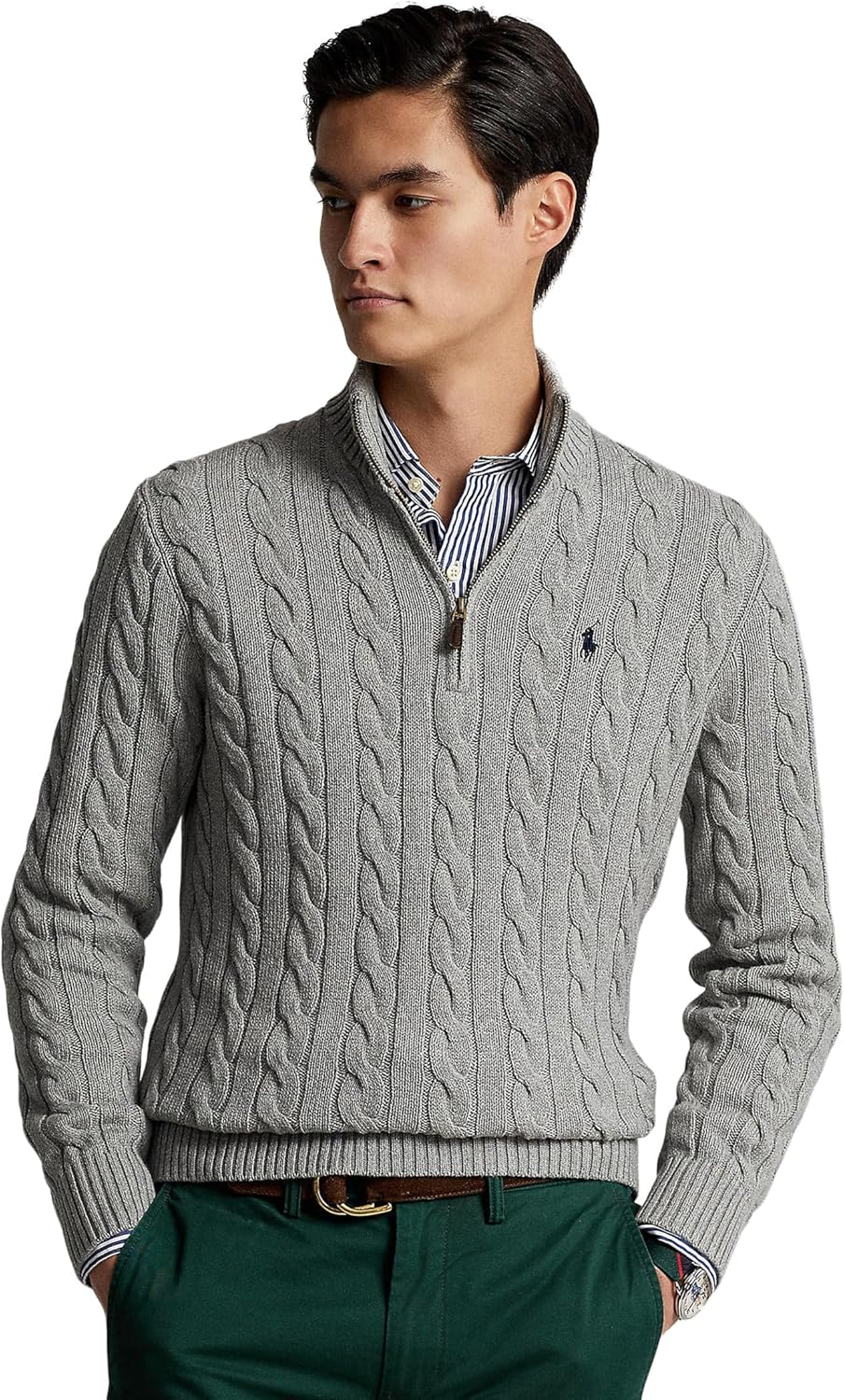 

POLO RALPH LAUREN Мужская длинная рубашка из хлопка с кабельным узором и молнией на половину, Fawn Grey Heather