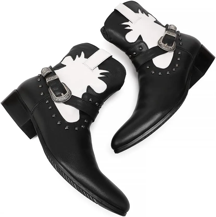 

Мужские повседневные ботинки Santimon Santimon с западным дизайном до щиколотки - ботинки Челси из натуральной кожи с молнией и пряжками для выпускного, бального вечера, дискотеки и свадьбы, черный